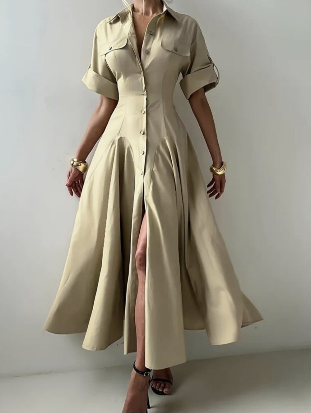 Short-Sleeve Button-Up Solid Color Lapel Collar Long Dress Shirt-Style Dress